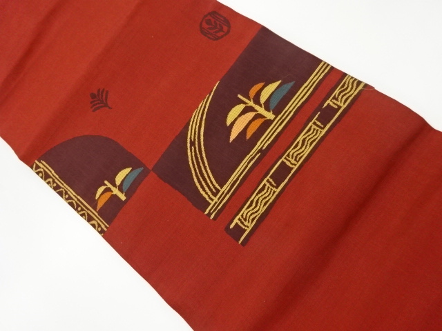 草葉に抽象模様織出し名古屋帯